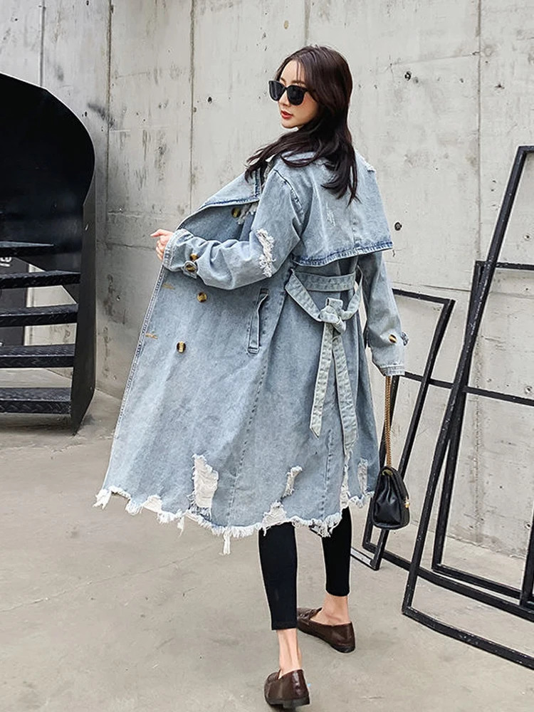 Girls Denim Trench Coat Jackets Winter For Women Coats Female Overcoat 240315