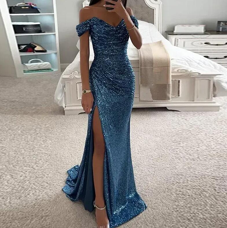 Elegant Off The Shoulder Sequins Mermaid Bridesmaid Ruched High Thigh Split Blingbling Wedding Guest Maid Of Honor Dresses Bc18214 0326