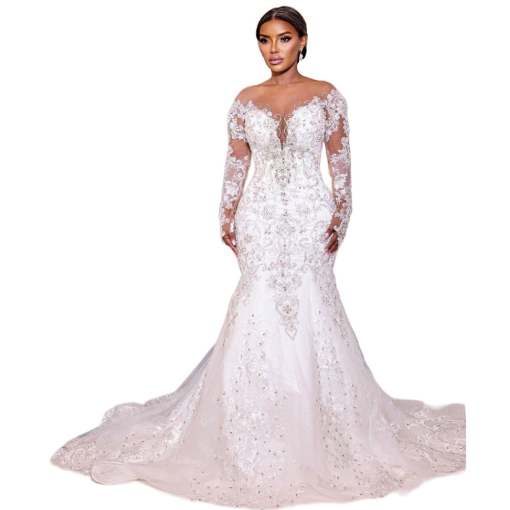 2024 Sexy Arabic Mermaid Wedding Dresses Illusion Jewel Neck Lace Appliques Sier Crystal Beads Long Sleeves Bridal Gowns Plus Size Cathedral Train 051