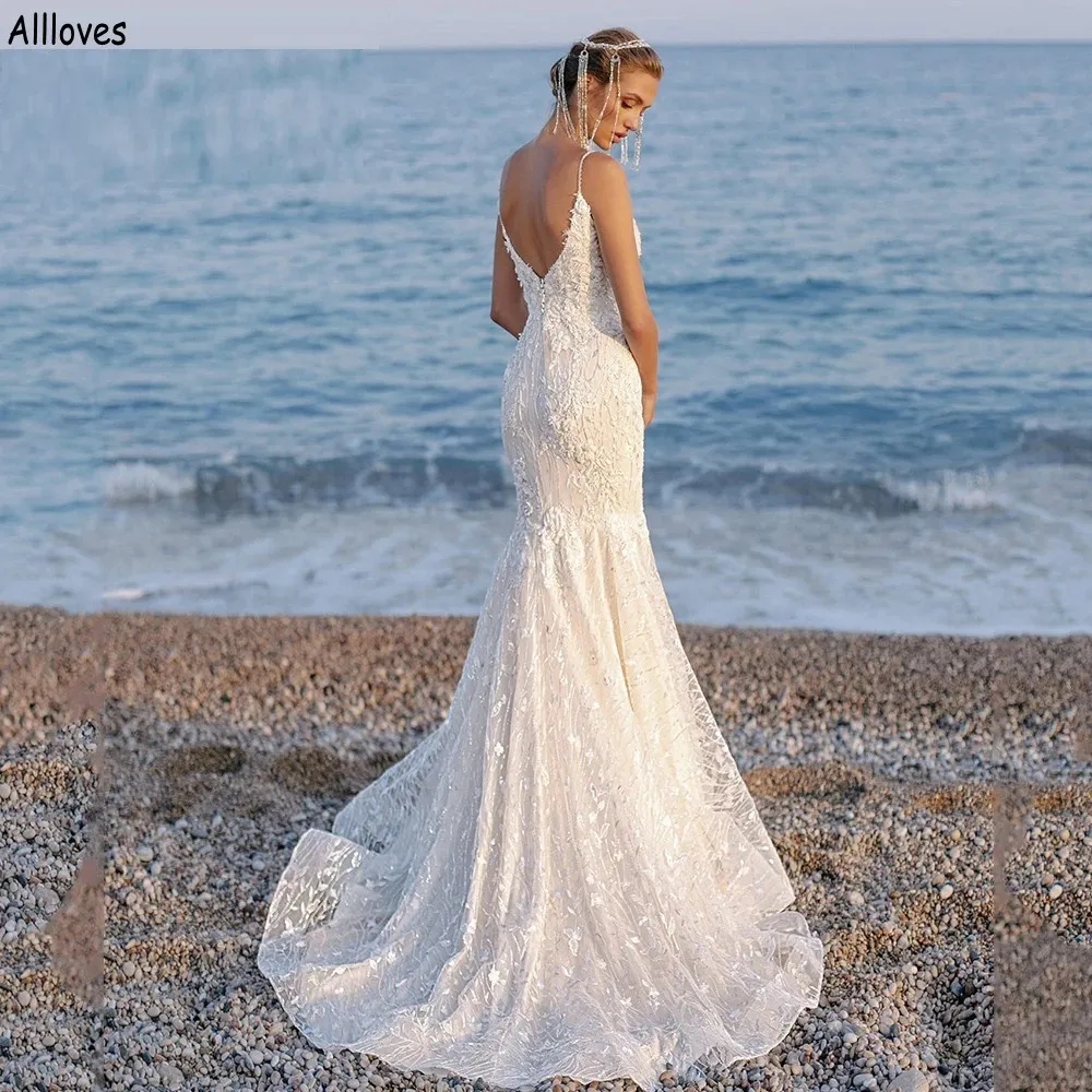 Lace Trumpet Mermaid Wedding Dresses For Bride Summer Beach Spaghetti Straps Bridal Gowns Sexy Low Back Fishtail Plus Size Boho Reception Party Dress 