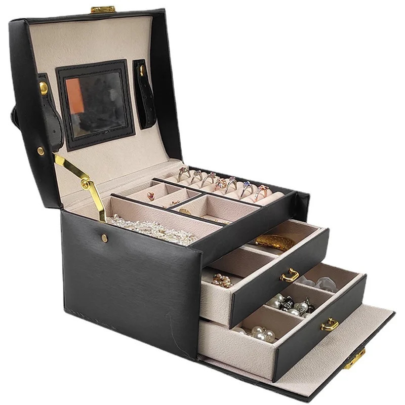 Three-tier jewelry box jewelry storage box portable lock earrings necklace ring storage box wooden cross-border . 240314