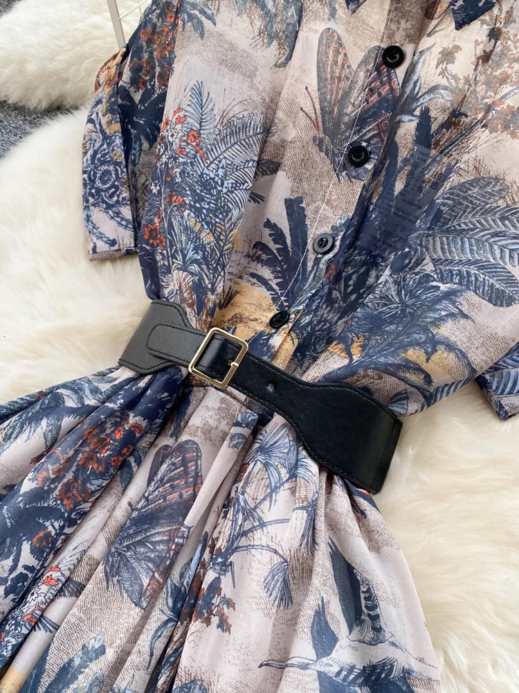 Women Vintage Party Dress Summer French Elegant Print Ladies High Waist Retro Single Breasted Belt Casual Long 240327