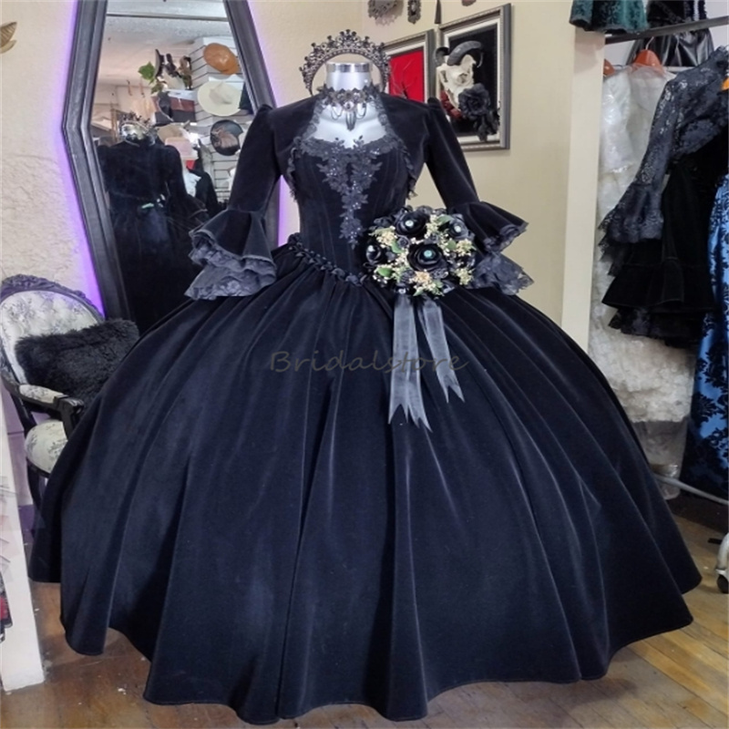 Vintage Black Queen Prom Dresses With Jackets 18th Century Europe Marie Antoinette Costume Victorian Medieval Evening Gown Velvet Lace Formal vestido 