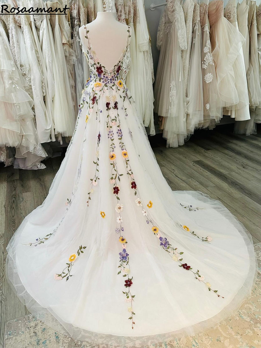 Beautiful Colorful wer Wedding Dress Boho Fairy tale A e 3D rals Rustic Country Bridal Gowns Tulle Whimsical Bride 2024