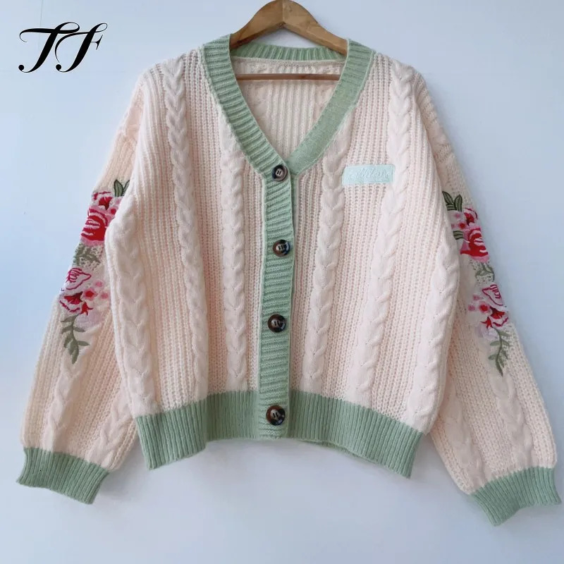 Flower Embroidered Cardigan for Woman 2024 Autumn Winter Knitted Sweater Female Vneck Floral Lantern Sleeve Cardigans Coats 240311