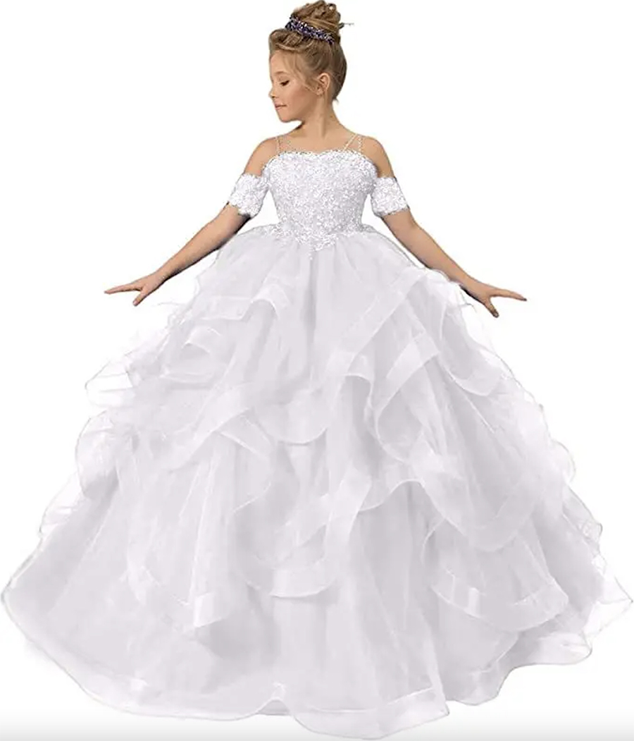 Flower Girl Dress Royal Blue Tulle Puffy Layered Appliques Short Sleeve For Wedding Birthday Party Banquet Princess Gowns