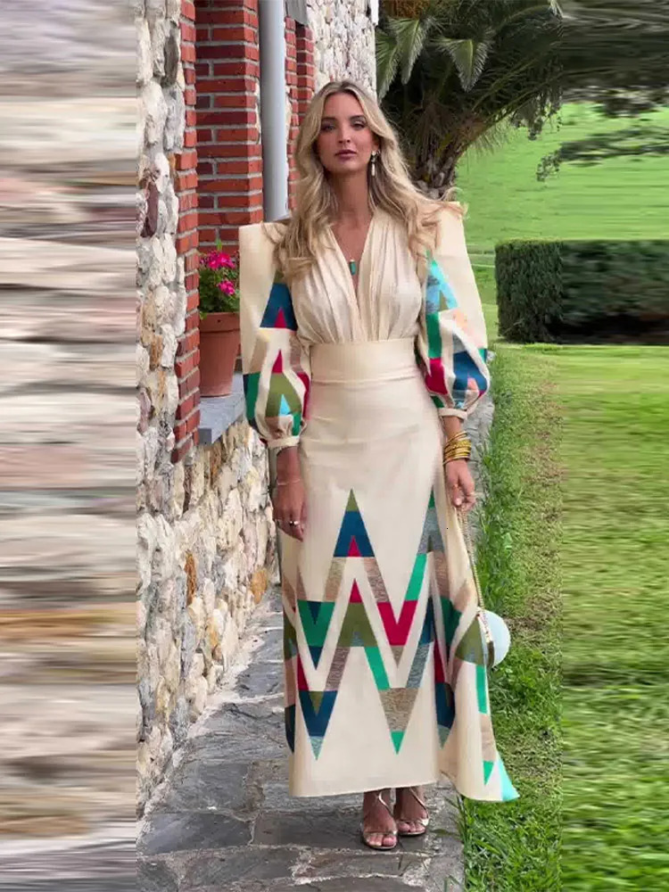 Printed Lantern Sleeve Women Party Dress Spring Pleated Floorlength Vneck Empire Female Dresses Elegant Lady Long Robe 240327
