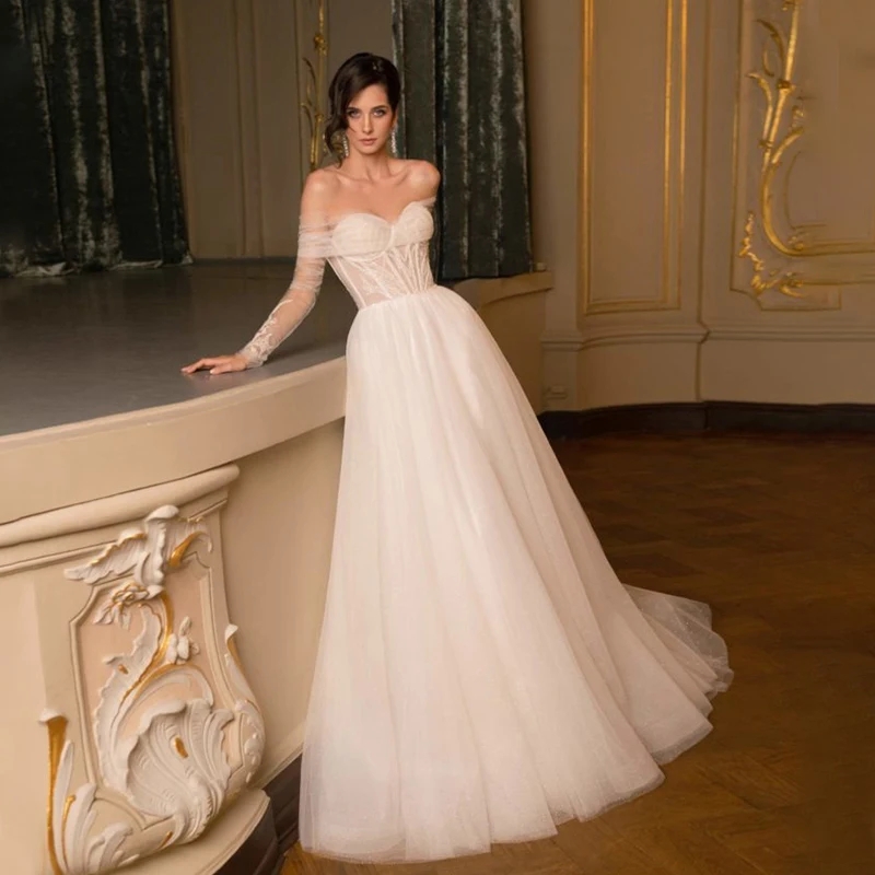 Graceful Sweetheart A-Line Princess Wedding Dress Off-Shoulder Long Sleeves Bridal Gowns Robe De Mariage