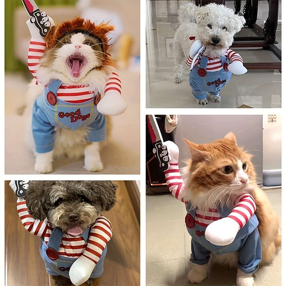 halloween dogs cats shapeshifting wigs fun blood dolls and knife dog costumes holiday party pet supplies with knives funny overalls