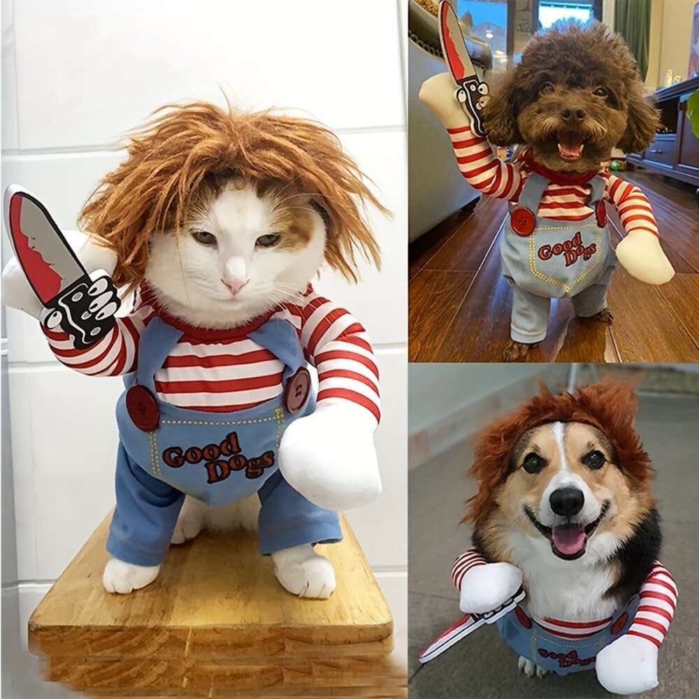 halloween dogs cats shapeshifting wigs fun blood dolls and knife dog costumes holiday party pet supplies with knives funny overalls