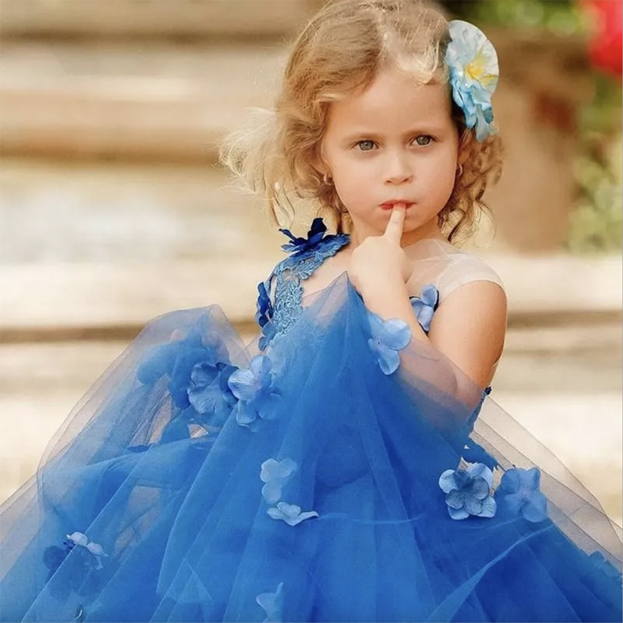Royal Blue Lace wer Girl Dresses For Wedding 3D Appliqued Ball Gown Toddler Pageant Gowns Tulle or Length First Communion Dress