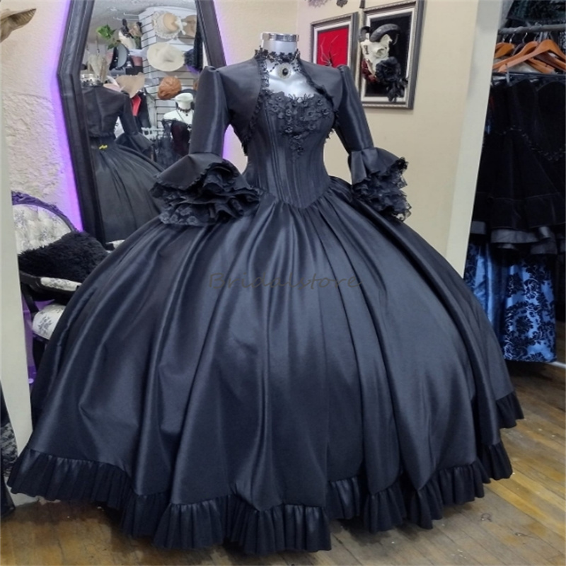 Black Rococo Historical Prom Dresses With Jackets 18th Century Europe Marie Antoinette Costume Victorian Medieval Evening Gowns Satin 3D Florals Vampi