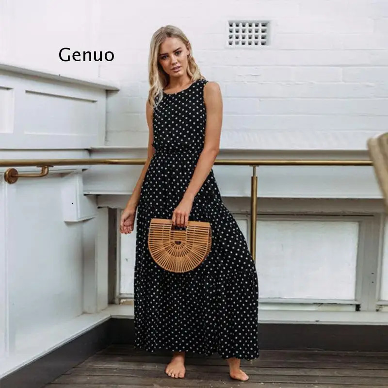 Women Summer Boho Casual Sleeveless Dress Homewear PolkaDot Party Beach Long Maxi Navy Sundress 240323