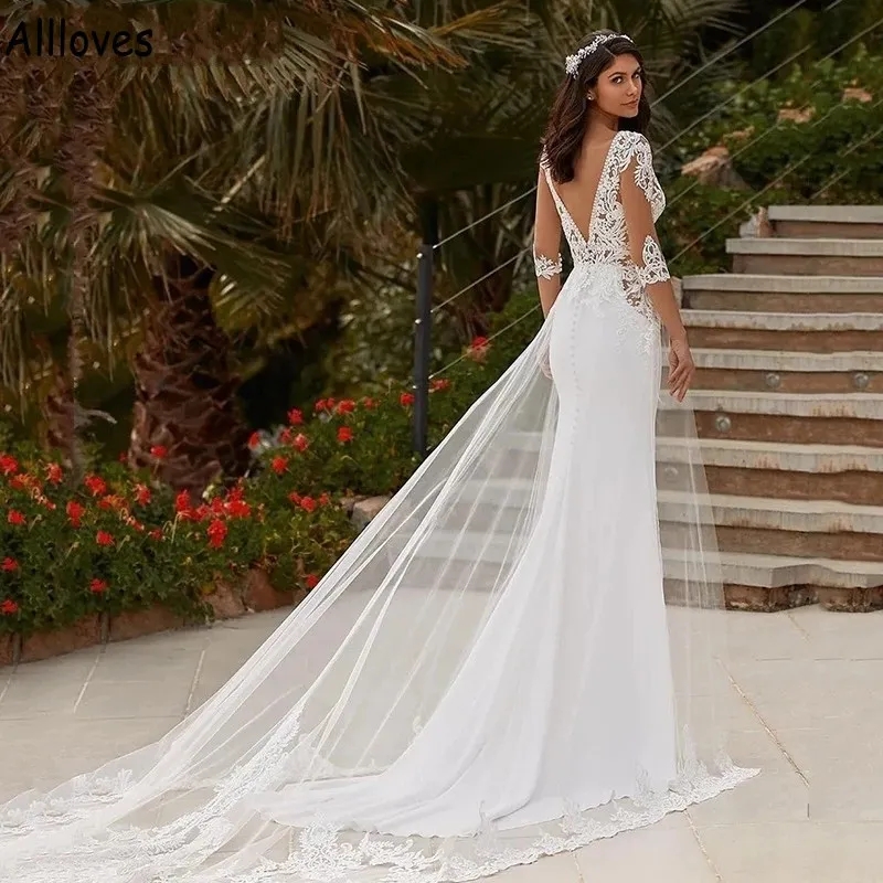 Neck Overskirts V Tulle Mermaid Wedding Dresses with Half Illusion Sleeves Lace Appliqued Boho Beach Bridal Gowns Elegant Satin Sexy Open Back Robes
