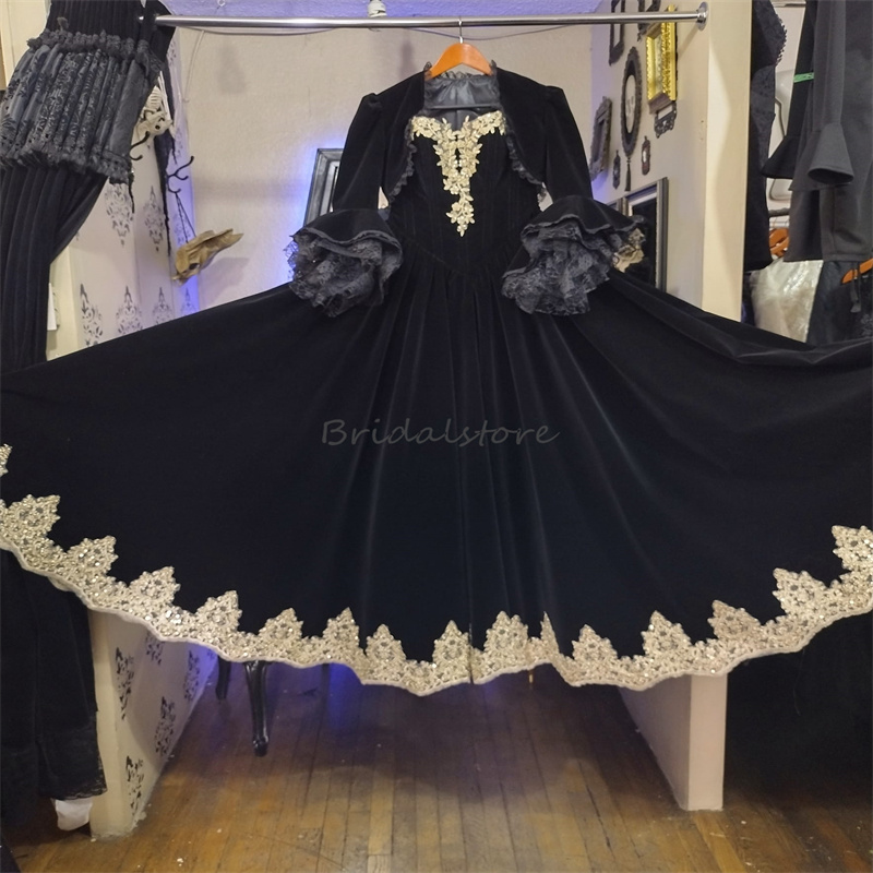 Historical Victorian Black Prom Dresses With Jackets 18th Century Europe Marie Antoinette Costume Medieval Rococo Vampire Evening Gowns Gothic Robe De