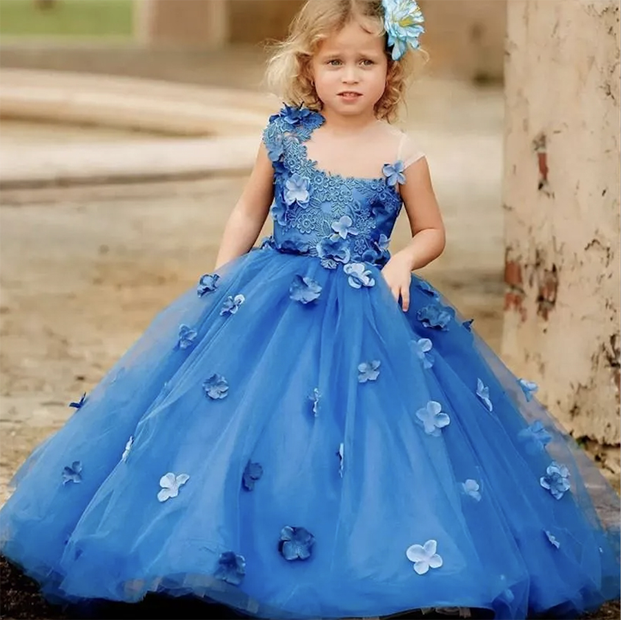 Royal Blue Lace wer Girl Dresses For Wedding 3D Appliqued Ball Gown Toddler Pageant Gowns Tulle or Length First Communion Dress