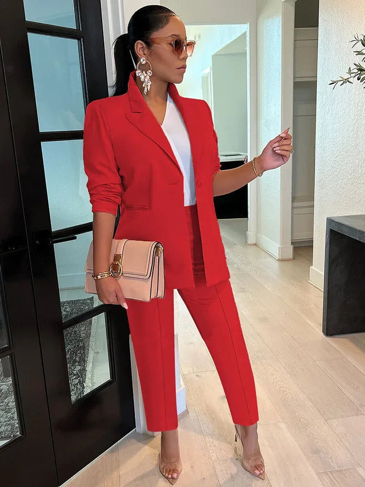 Elegant Work Wear Two Piece Set for Women Single Button Blazer Coat and Pants Office Lady Business Suit Matching Sets Uniform 240327