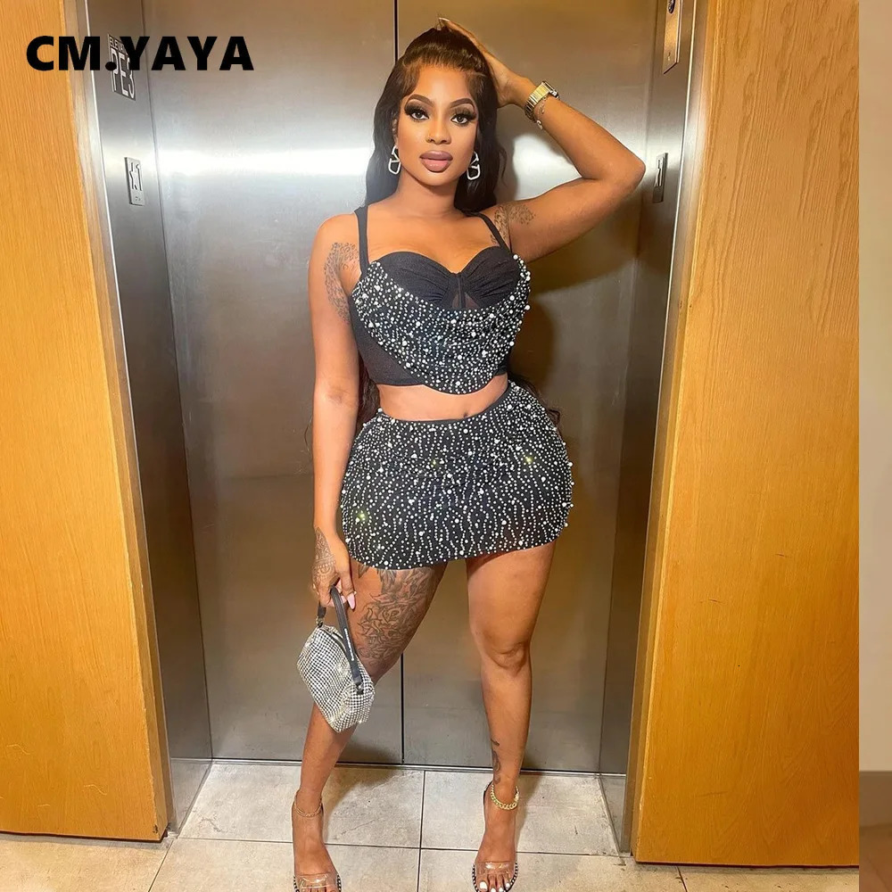 CMYAYA Women Diamonds Rhinstones Midi Mini Skirt Suit and Strap Plle Neck Crop Top 2023 Sexy Two 2 Piece Dress Sets Outfits 240323