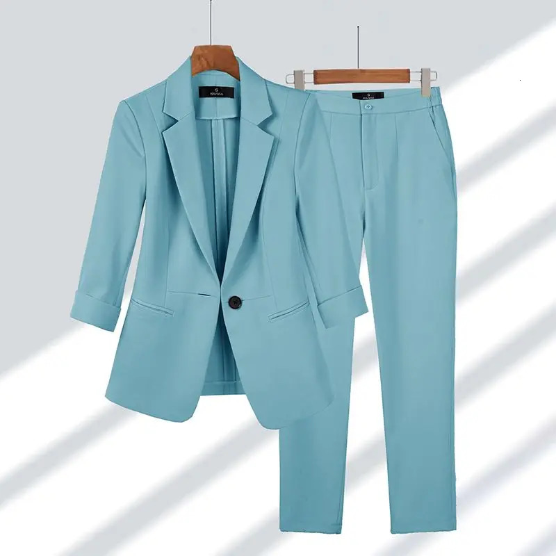 Women Blazer Pants 2 Piece Set Spring Summer Thin Office Lady Basic Joker Black Suit Coat Trousers Outfits Work Clothing Female 240327