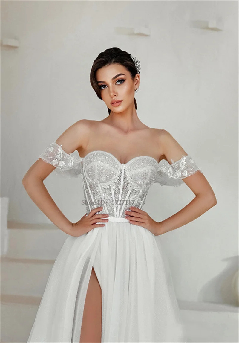 Simple Sweetheart Neck A-Line Wedding Dresses Off the Shoulder Lace Appliques Bridal Gowns Abito Da Sposa Pleat