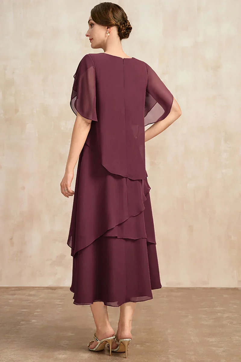 Temperament Chiffon Mother Of The Bride Dress Irregular Layered Hem Short Sleeve Maxi Party Wedding Guest Plus Size 240327