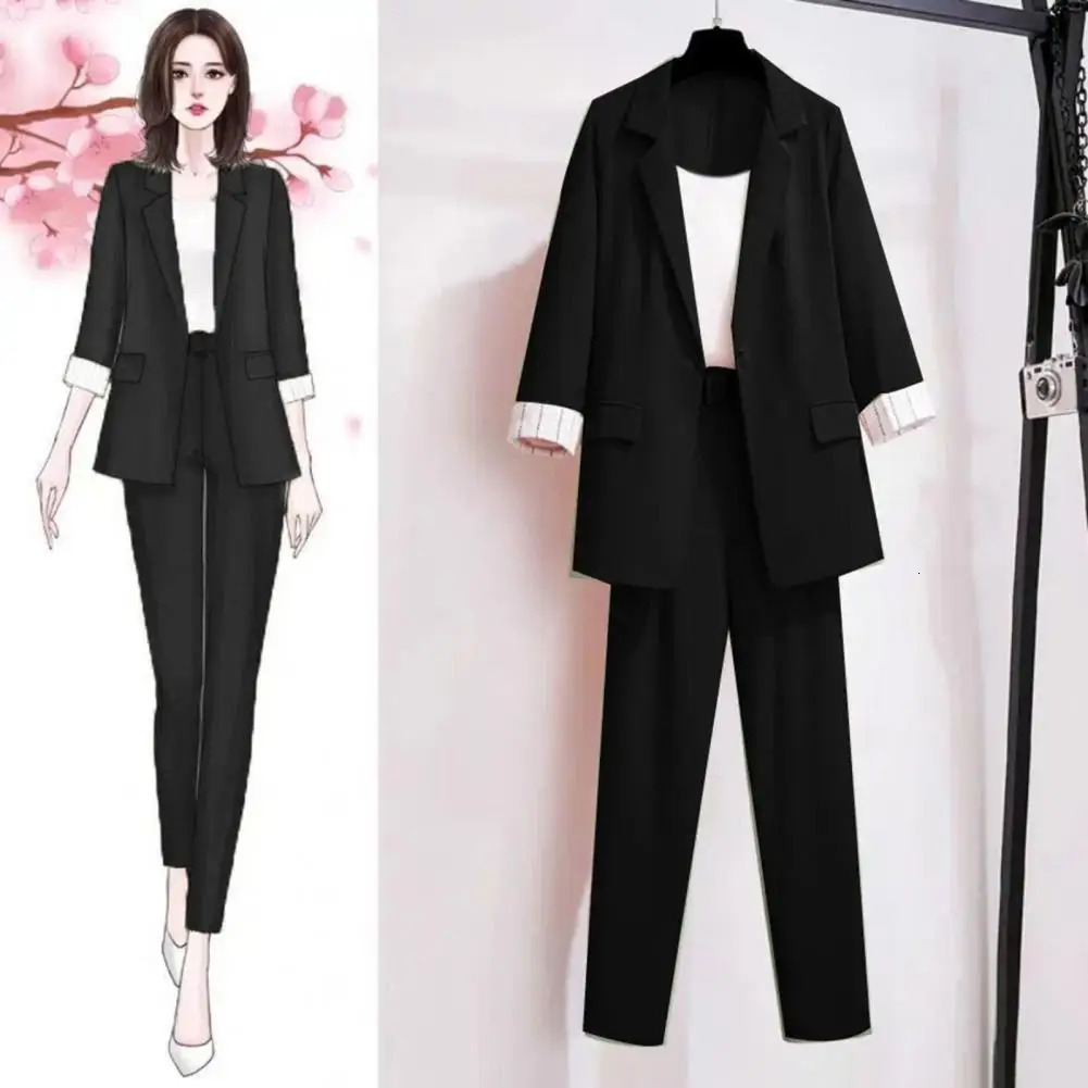 Elegant Pockets Three Piece Set Breathable Business Trip Singlebutton Blazer Vest Trousers Women Garment 240327