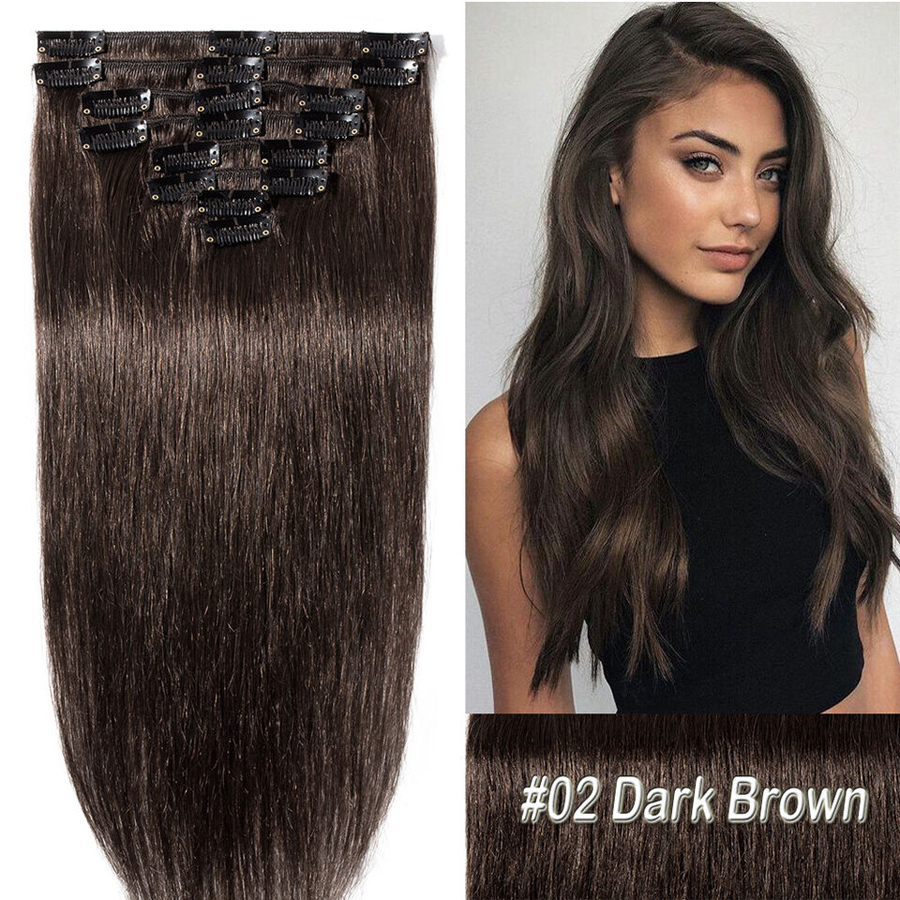 #2 Darkest Brown Clip In Human Hair Extensions Remy Hair Weft Full Head 70g 100g 120g 140g Clip on Hair Extensions Thick Natural Black Brown Blonde