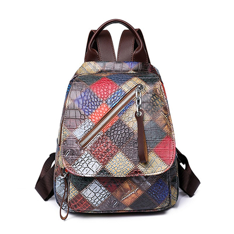 soft leather texture backpack women's bag patchwork contrasting color travel bag