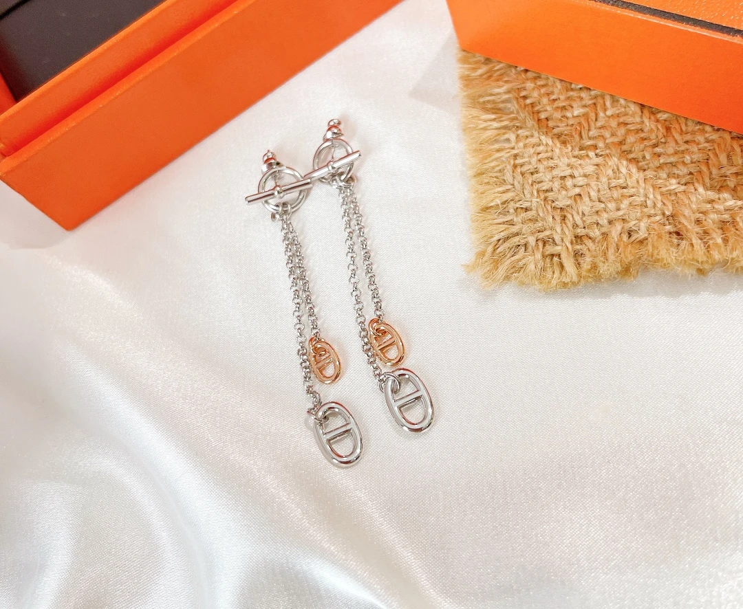 Fashion Sier Color Hollow Double Stud Earrings for Design Link Chain Drop Dangle Earring Jewelry Accessories