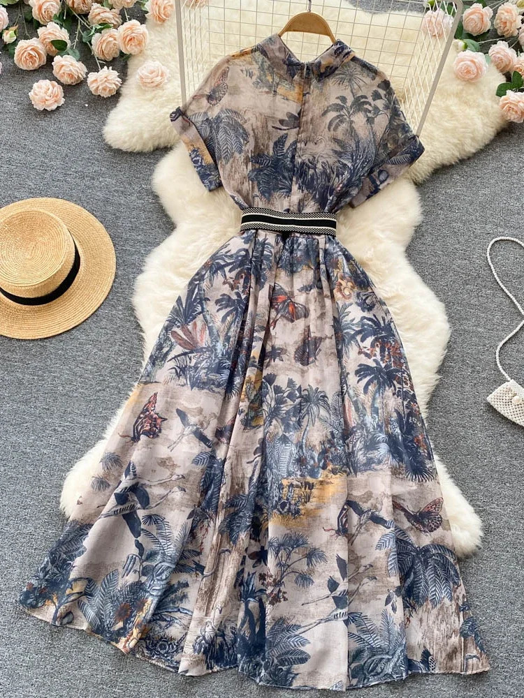 Women Vintage Party Dress Summer French Elegant Print Ladies High Waist Retro Single Breasted Belt Casual Long 240327