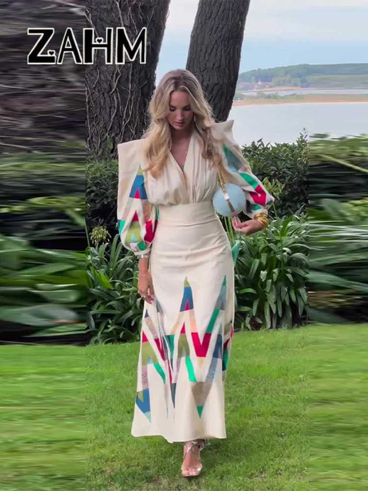 Printed Lantern Sleeve Women Party Dress Spring Pleated Floorlength Vneck Empire Female Dresses Elegant Lady Long Robe 240327