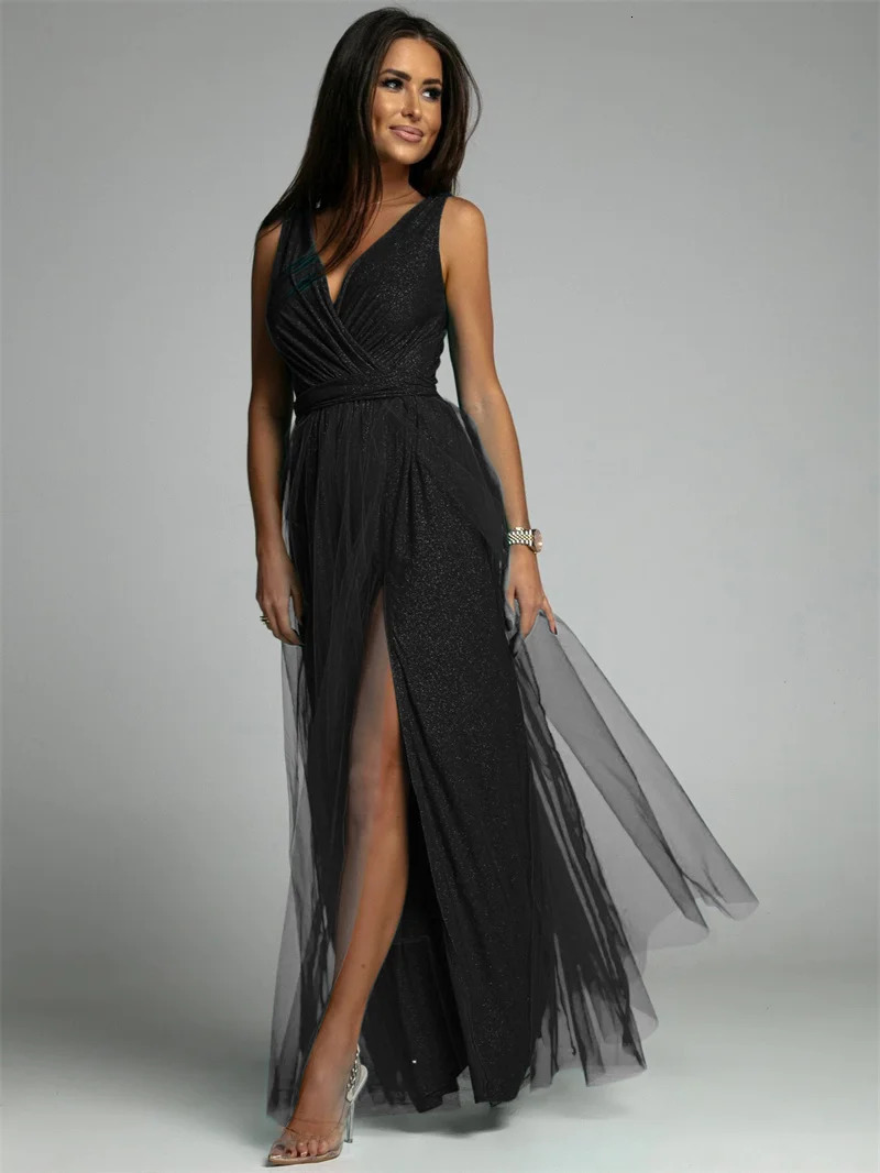 Sexy Crossover V Neck Dress Women Elegant Party Shrink Waist Sleeveless Dressy Female Split Hem Shiny Decoration Princess Skirt 240327