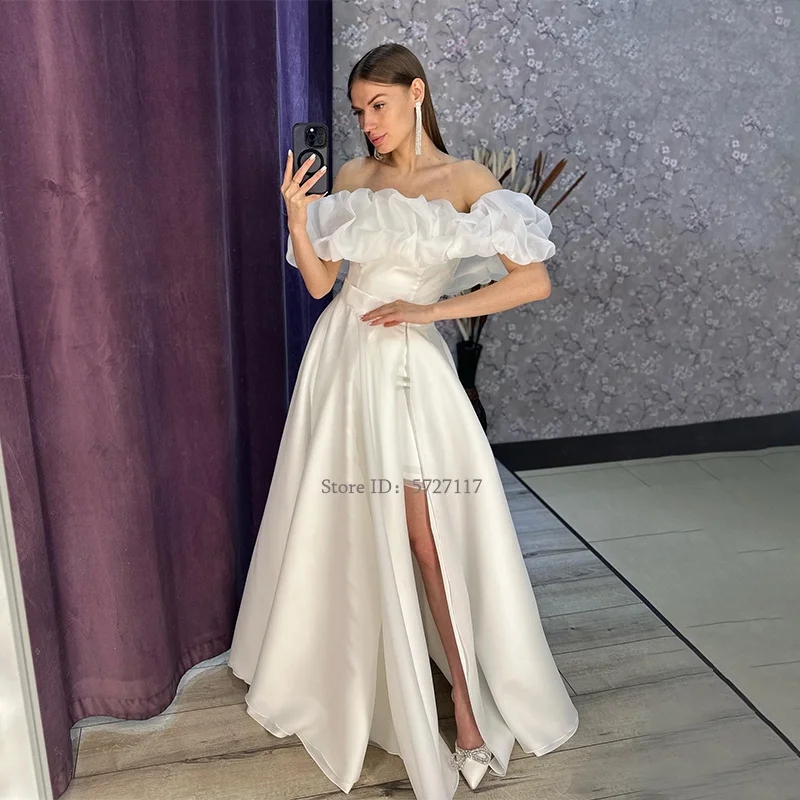 Graceful Strapless Satin A-Line Wedding Dresses Off the Shoulder Sleeveless Side Slit Sweep Train Bridal Gowns
