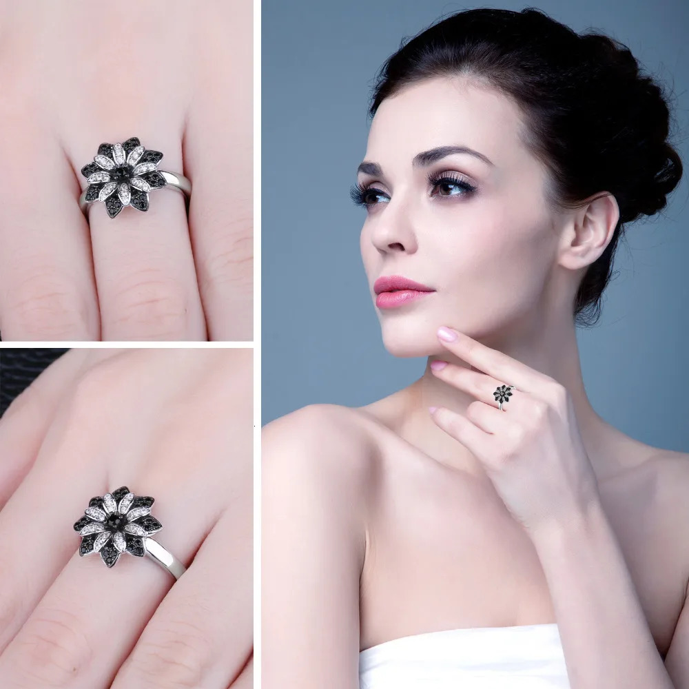 JewelryPalace Flower Genuine Smoky Quartz Black Spinel 925 Sterling Silver Cocktail Ring for Women Fine Jewelry Anniversary Gift 240327