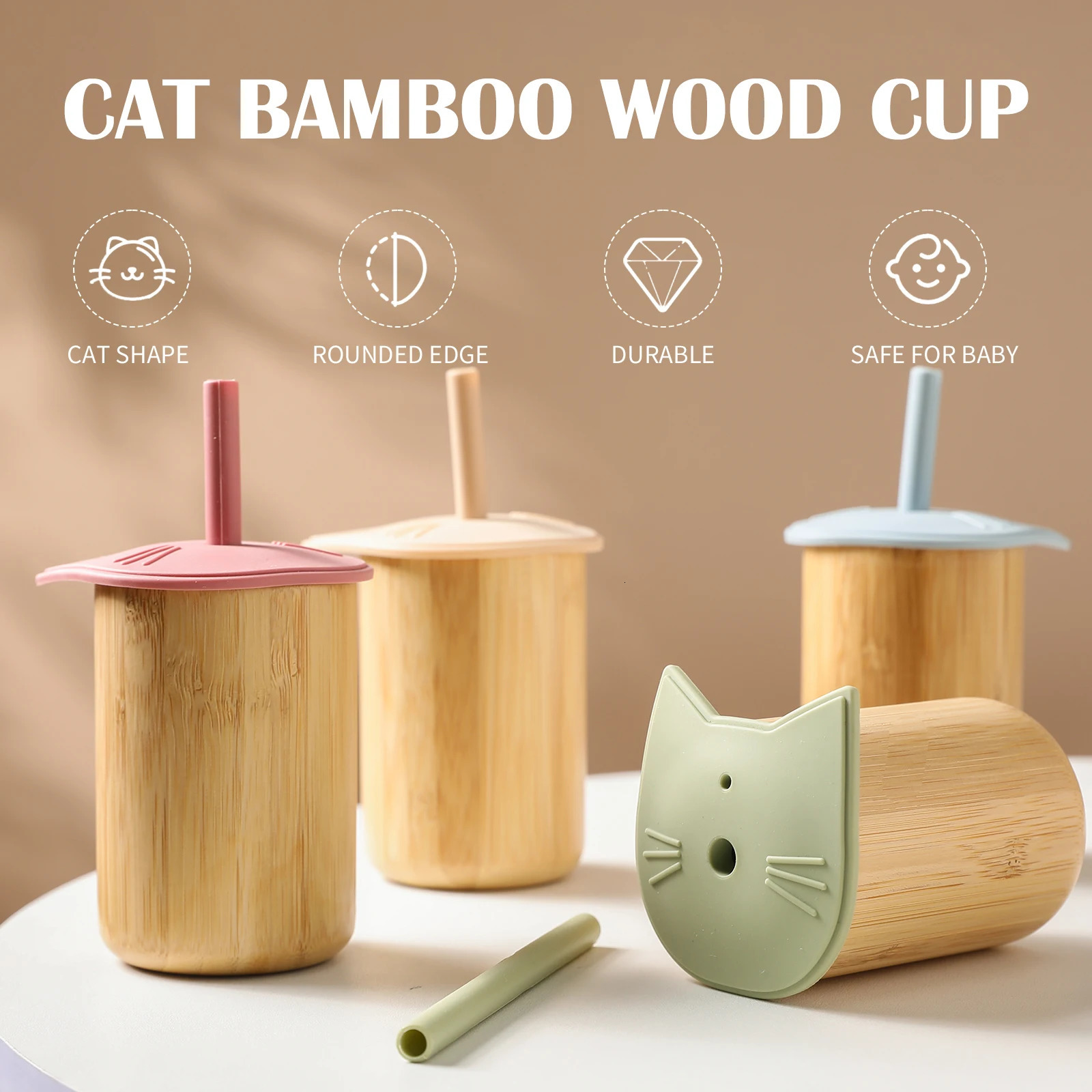 Bopoobo Baby Feeding Cup Silicone Straw BPA Free Detachable Bamboo Wooden Kid Learning Children Soft 240322