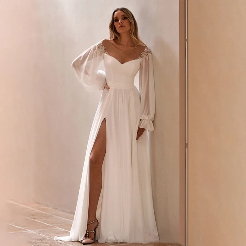 Mordern Sweetheart Line Boho Wedding Dresses Long Puff Sleeves Lace Appliques Bridal Gowns Vestidos De Novia Custom Made