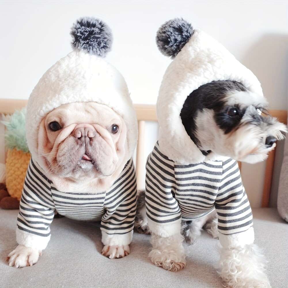pet clothes dogs autumn and winter lamb wool striped knitted fleece hooded sweatshirt for french bulldogs