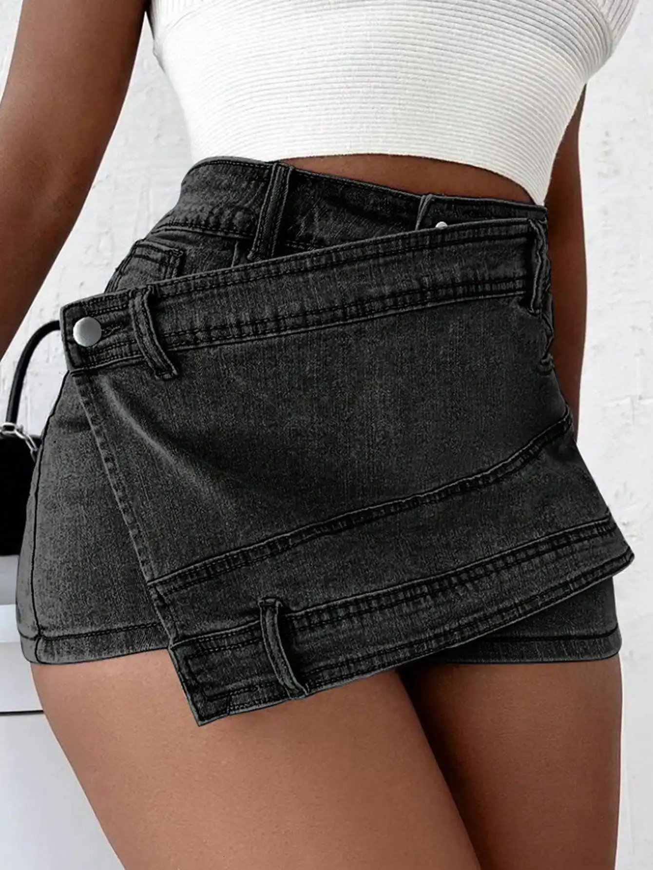 Women Fashion Denim Mini Skort Rave Street Wrap Stretch Irregular A-Line Skinny Cargo Jean Shorts Mujer 240312 XJ260206