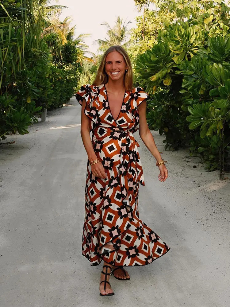 Bohe Butterfly Ruffles Sleeve Print Womens Dress Casual Slim Maxi Hem Long Vestidos Spring Summer Chic Holiday Robes Female 240321
