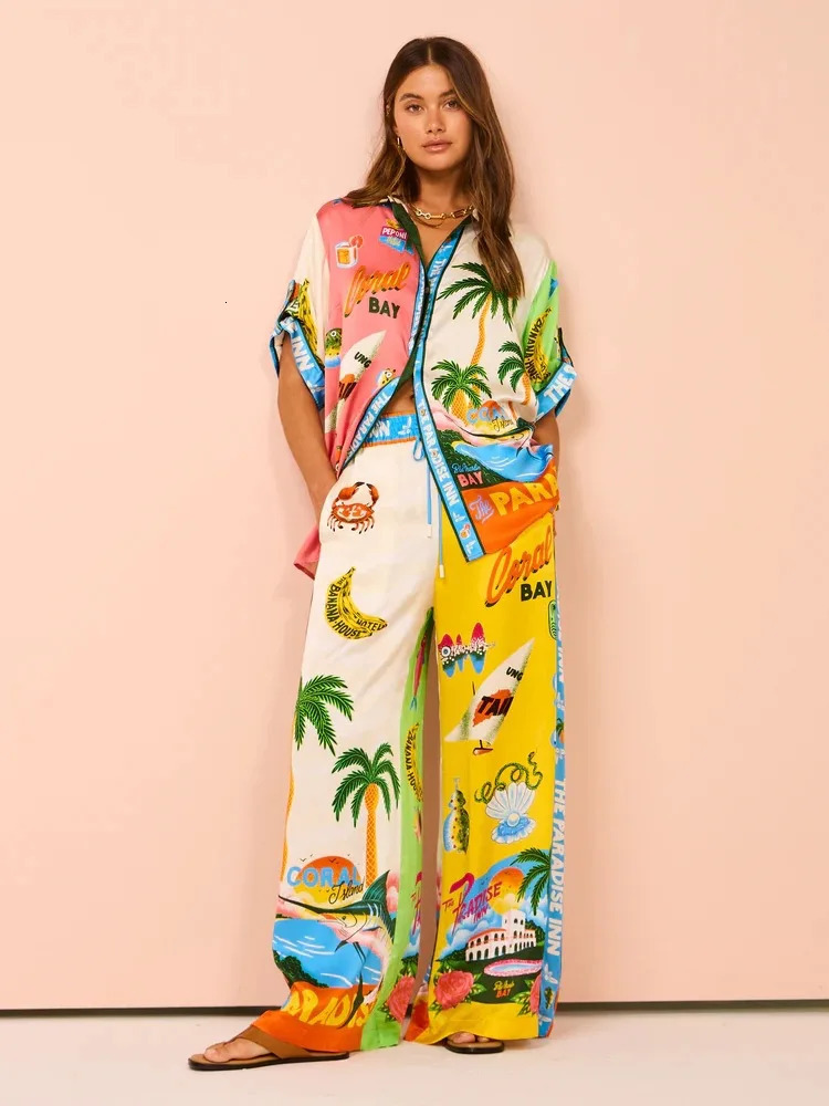 Women Holiday Casual Printed Coconut Trees Short Sleeve Shirt Blouse Top Loose Long Pants 2 Piece Set Summer Beach Outfits Suit 240314