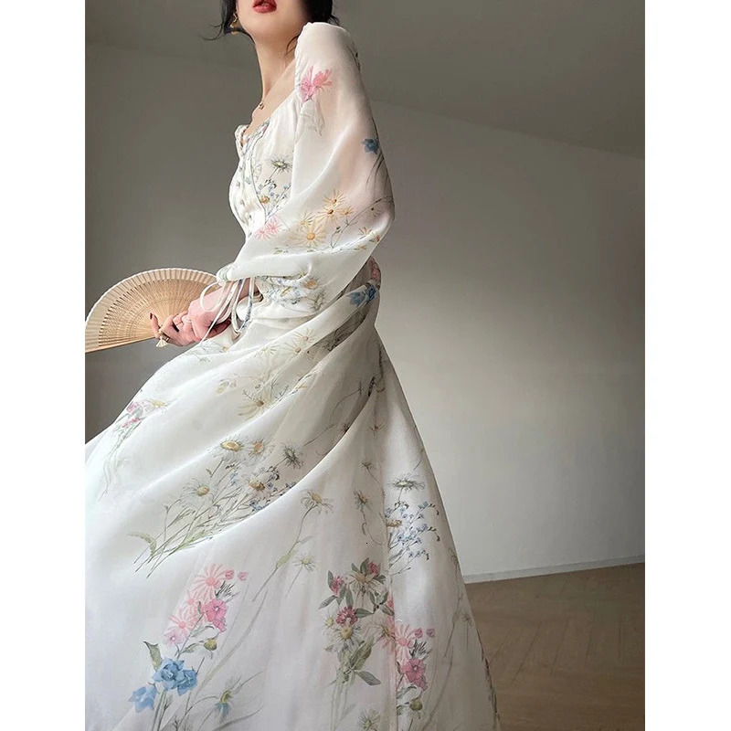 Summer Korean Style Floral Evening Party Dresses Chiffon Long Sleeve Beach Midi Fairy Dress Vestidos De Ocasion Formales 240327