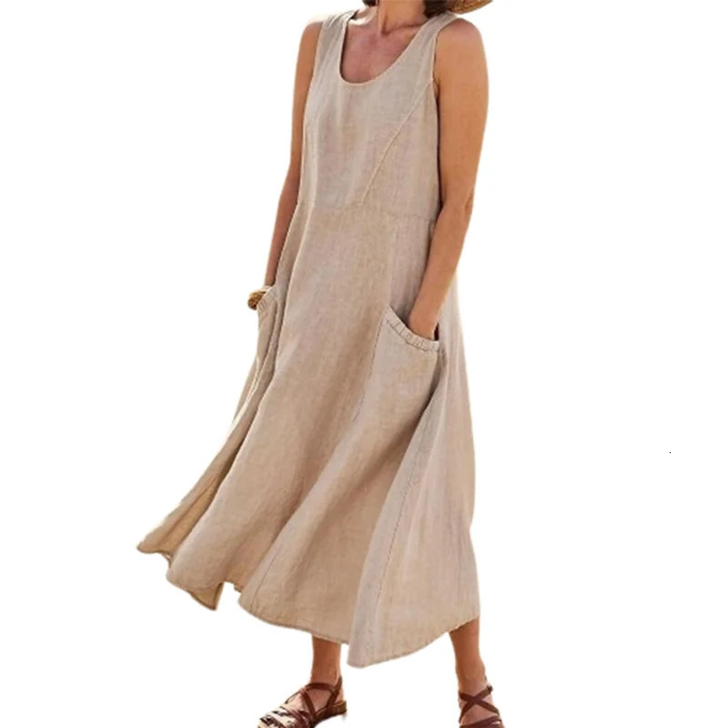 Sleeveless Suspenders Cotton Linen Dress Women Side Double Pocket Splicing Solid Color Dresses Summer Casual Gown 240327