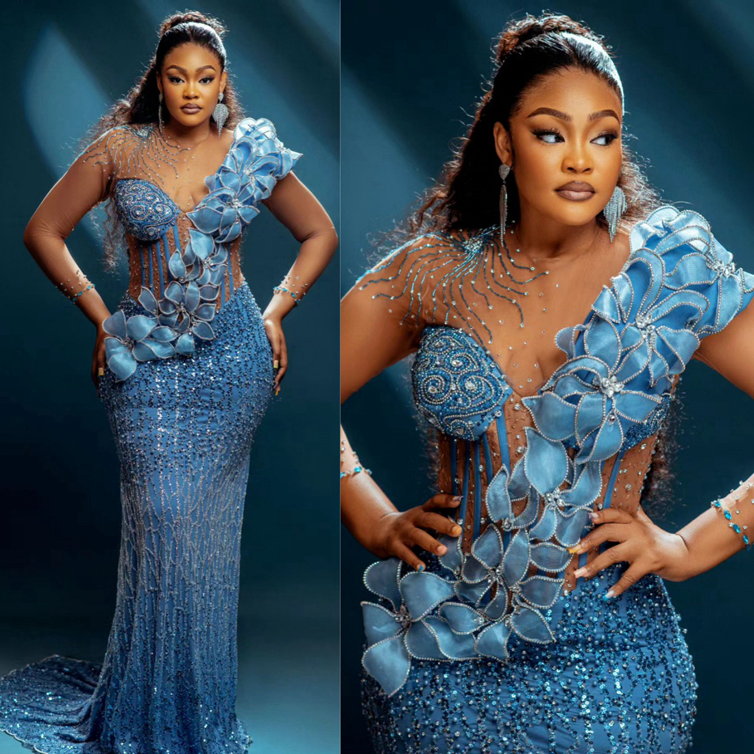 Size 2024 Plus Aso Ebi Prom for Black Women African Promdress Evening Dresses Elegant Illusion Long Sleeves Beaded Lace Birthday Dress Reception Gown 