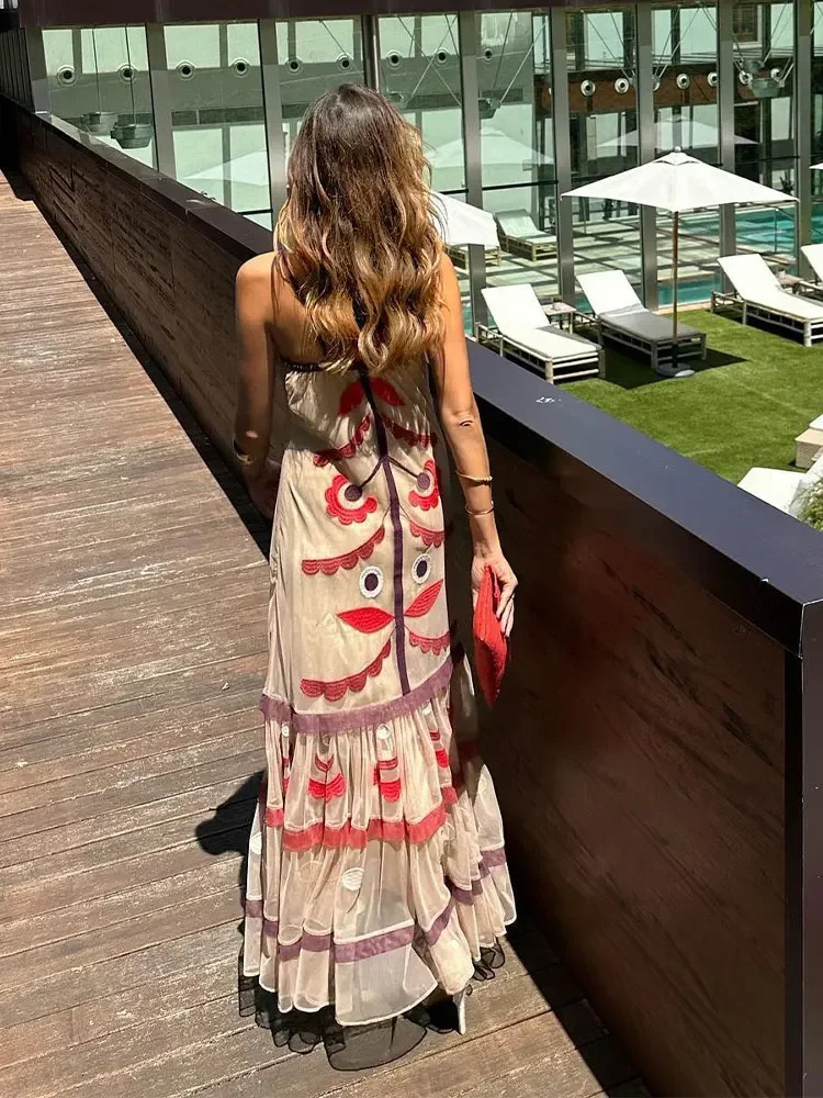 Elegant Print Patchwork Backless Spliced Sling Midi Dress Women Summer Ruffles Sleeveless Vestidos Holiday Robes Female 240327
