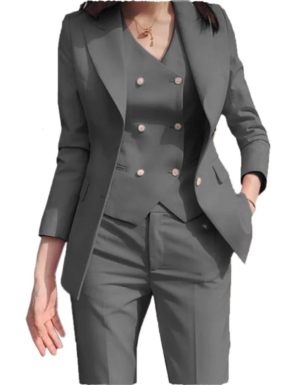 Fashion Ladies Business Solid Color Suits Trousers Waistcoat Womans Pink Blazers Jacket Pants Vest Set 240327