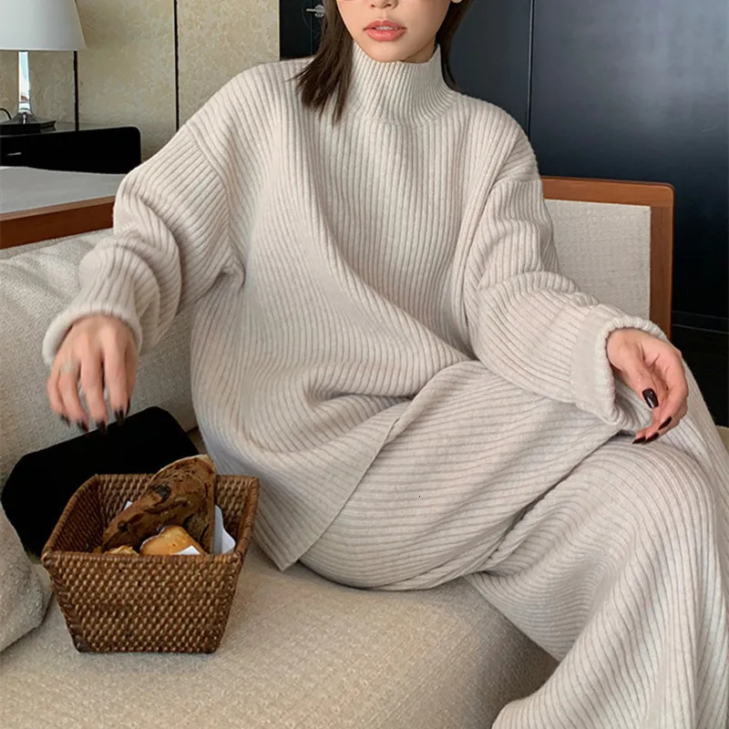Fall and Winter Womens Knitted Pant Suits Korean Fashion Loose Mock Neck Pullover Sweater Elastic Waist Pants 2pcs Matching Set 240327