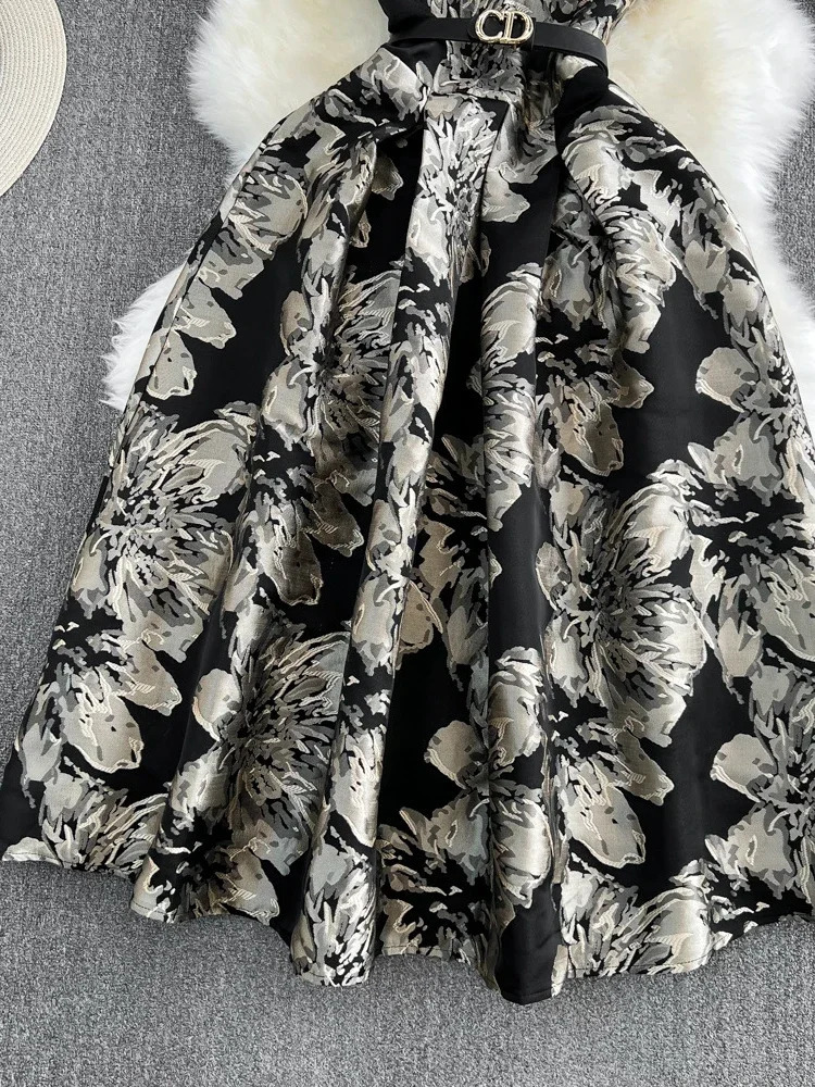 Summer French Vintage Dres Sleeveless Square Neck Jacquard Party Dresses Ladies Elegant Slim Aline Long Robe Vestidos 240323