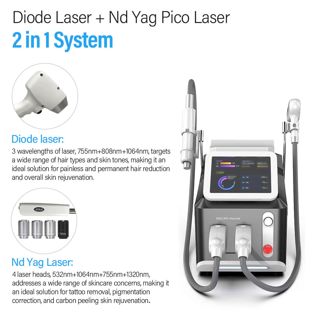 Portable 2 In 1 Big Power 808 Diode Laser Hair Removal 1064 nm Nd Yag Picosecond Pico Laser Picolaser Tattoo Remover Machine
