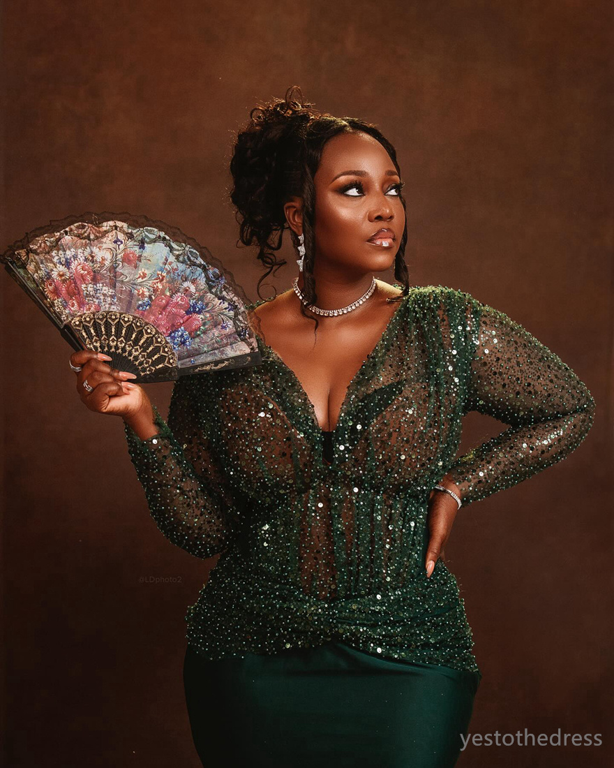 2024 Plus Size Aso Ebi Prom Dresses For Black Women Hunter Green Evening Dresses Elegant Promdress V Neck Long Sleeves Sequined Lace Birthday Dress Fo