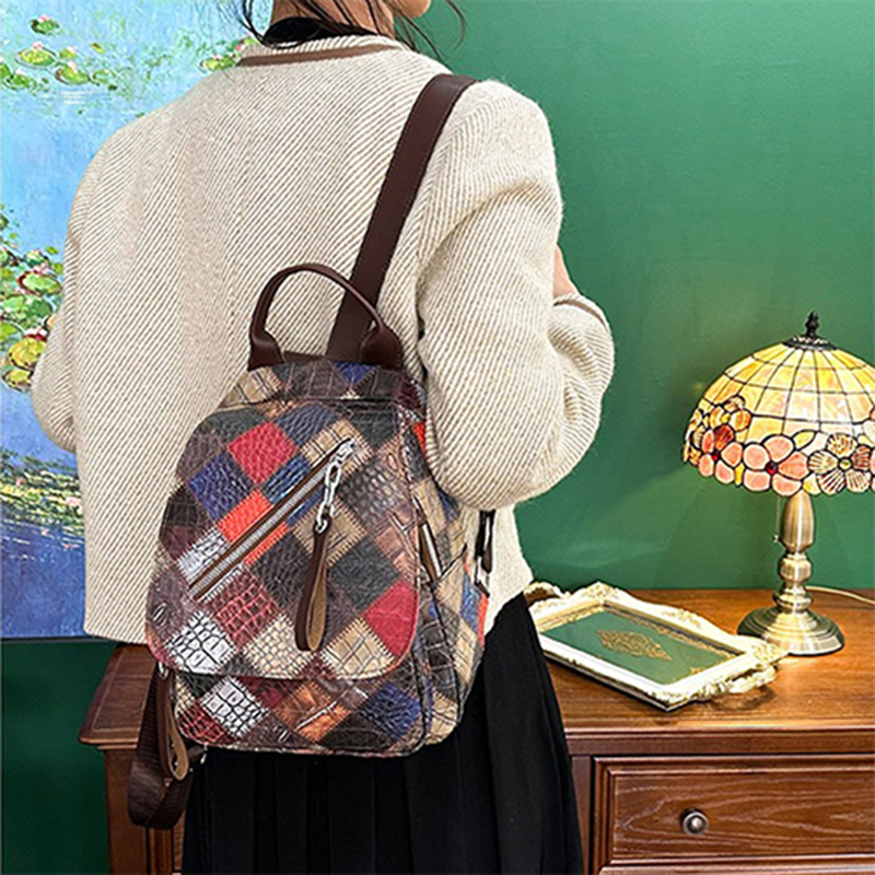 soft leather texture backpack women's bag patchwork contrasting color travel bag